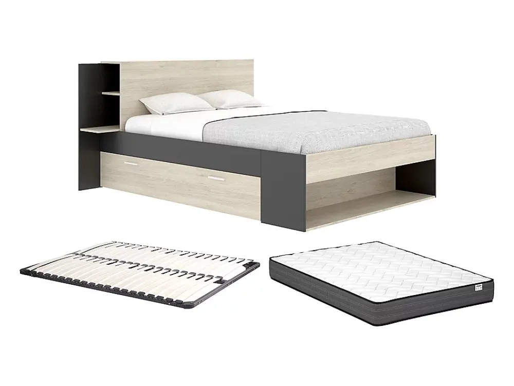 Vente-unique Lit 140 x 190 cm avec rangements - Coloris : Naturel et noir + Sommier + Matelas - KEROSIA* Lit Avec Rangement