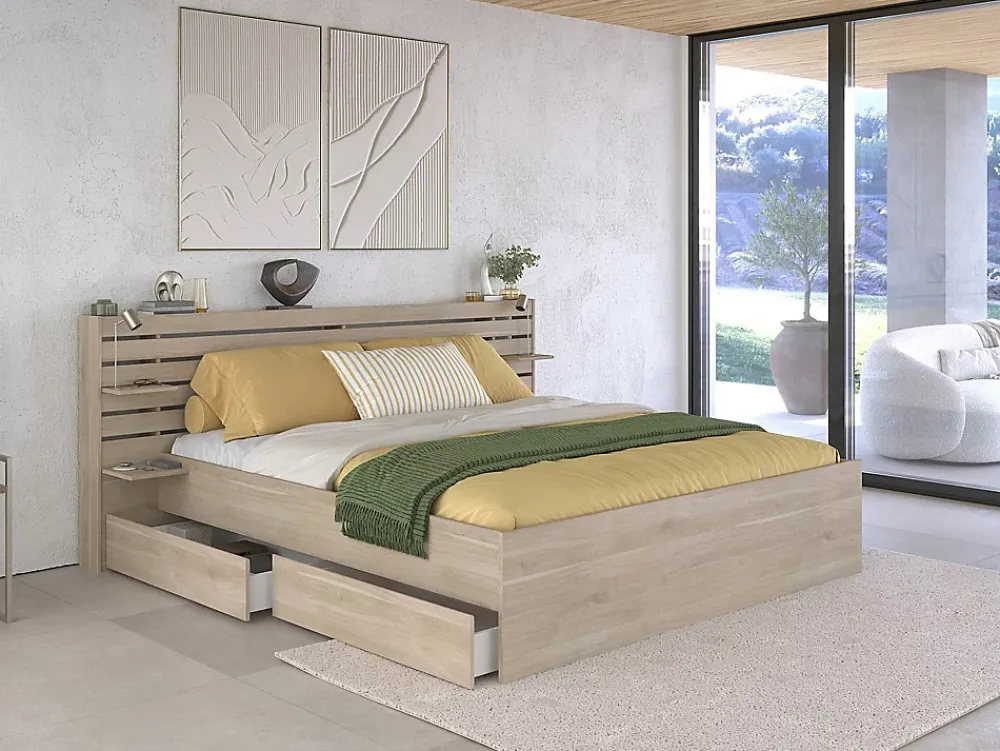 Vente-unique Lit 180 x 200 cm avec rangements - Coloris : Naturel + Sommier - TENALIA* Lit Avec Rangement