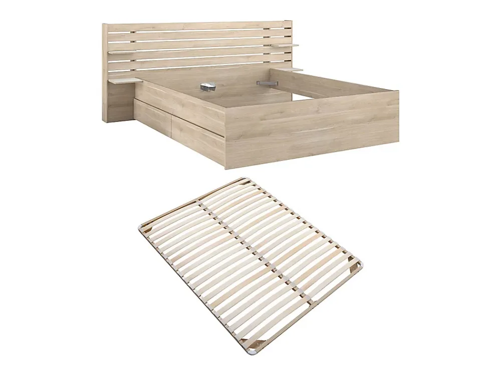 Vente-unique Lit 180 x 200 cm avec rangements - Coloris : Naturel + Sommier - TENALIA* Lit Avec Rangement