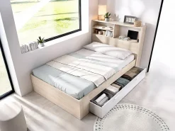 Vente-unique Lit 120 x 190 cm avec rangements - Coloris : Naturel et blanc + Sommier - VARDIEL* Lit Avec Rangement