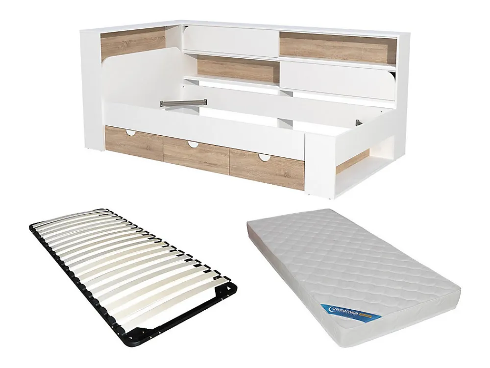 Lit 90 x 190 cm avec rangements - Coloris : Blanc et naturel + Sommier + Matelas - TAMADU>Vente-unique