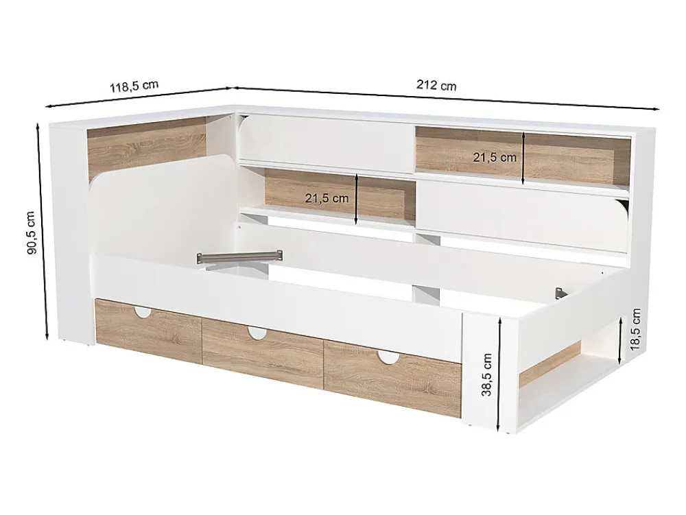 Lit 90 x 190 cm avec rangements - Coloris : Blanc et naturel + Sommier + Matelas - TAMADU>Vente-unique