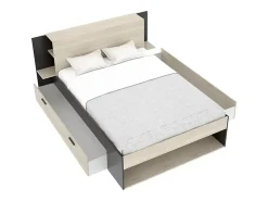 Vente-unique Lit 140 x 190 cm avec rangements - Coloris : Naturel et noir - KEROSIA* Lit Avec Rangement