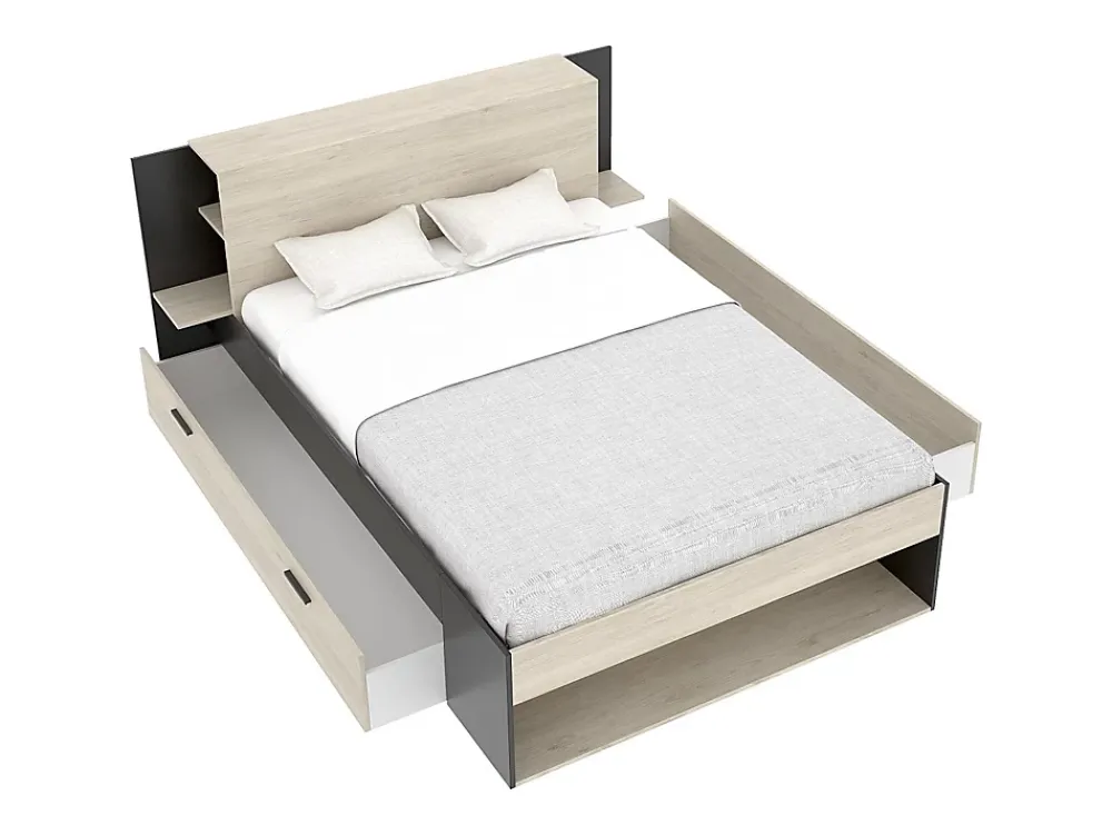 Vente-unique Lit 140 x 190 cm avec rangements - Coloris : Naturel et noir - KEROSIA* Lit Avec Rangement