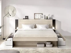 Vente-unique Lit 140 x 190 cm avec rangements - Coloris : Naturel et noir - KEROSIA* Lit Avec Rangement