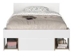 Lit 120 x 190/200 cm avec rangements - Blanc et naturel - KINSELIA><noscript><img width=