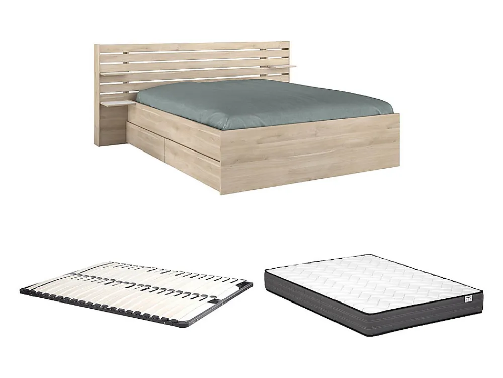 Lit 160 x 200 cm avec rangements - Coloris : Naturel + Sommier + Matelas - TENALIA II>Vente-unique New