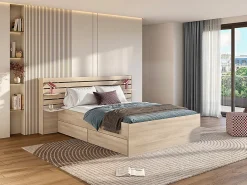 Lit 160 x 200 cm avec rangements - Coloris : Naturel + Sommier + Matelas - TENALIA II>Vente-unique New