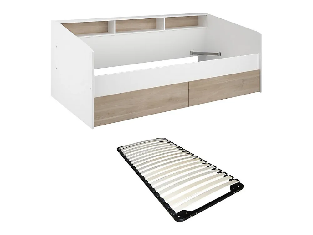 Lit 90 x 190/200 cm avec rangements - Blanc et naturel + Sommier - PAULETTE>Vente-unique Best
