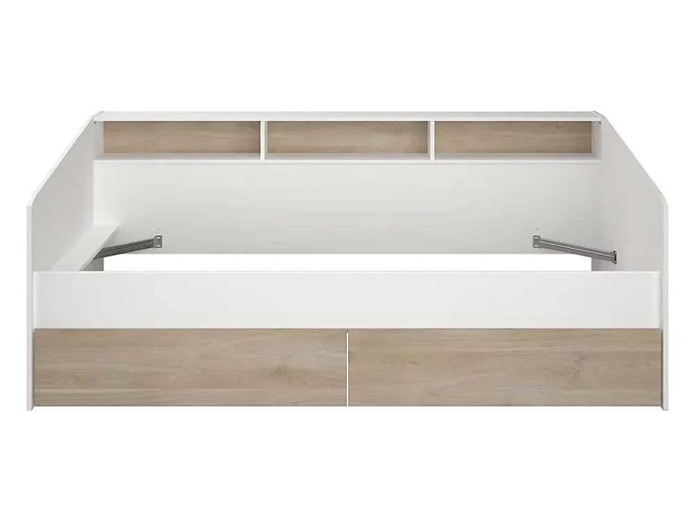 Vente-unique Lit 90 x 190/200 cm avec rangements - Blanc et naturel + Sommier + Matelas - PAULETTE* Lit Avec Rangement