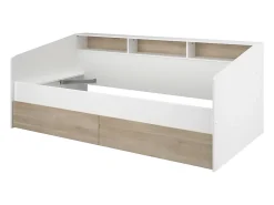Vente-unique Lit 90 x 190/200 cm avec rangements - Blanc et naturel + Sommier + Matelas - PAULETTE* Lit Avec Rangement