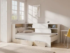 Lit 90 x 190 cm avec rangements - Coloris : Blanc et naturel - TAMADU>Vente-unique Outlet
