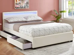 Lit 140 x 190 cm avec rangements - Simili blanc avec LEDs - ALOIS II>Vente-unique