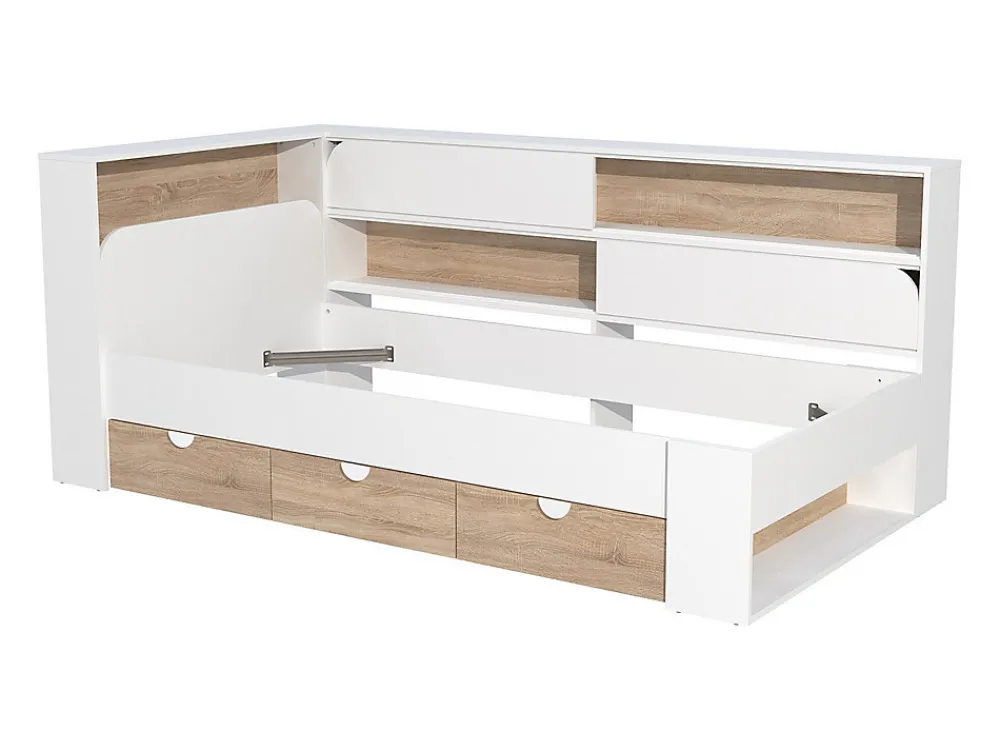 Lit 90 x 190 cm avec rangements - Coloris : Blanc et naturel + Sommier - TAMADU>Vente-unique Sale