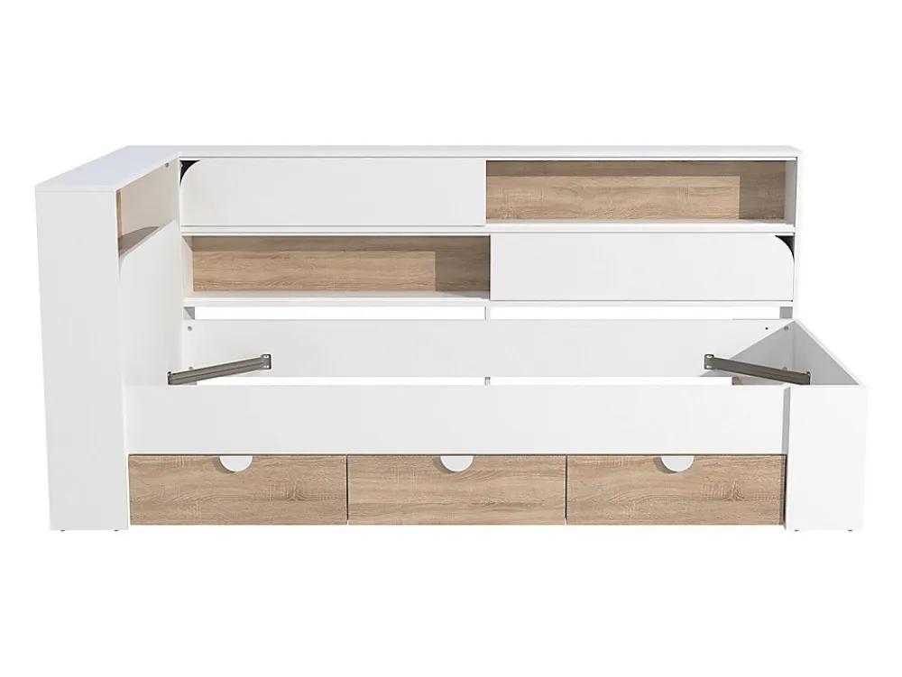Lit 90 x 190 cm avec rangements - Coloris : Blanc et naturel + Sommier - TAMADU>Vente-unique Sale