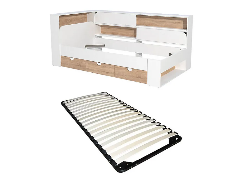Lit 90 x 190 cm avec rangements - Coloris : Blanc et naturel + Sommier - TAMADU>Vente-unique Sale