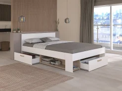 Lit 140 x 190/200 cm avec rangements - Blanc et naturel - KINSELIA>Vente-unique Sale