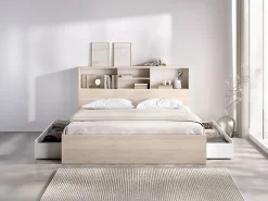 Lit 140 x 190 cm avec rangements - Coloris : Naturel et blanc + Sommier + Matelas - VARDIEL>Vente-unique Hot