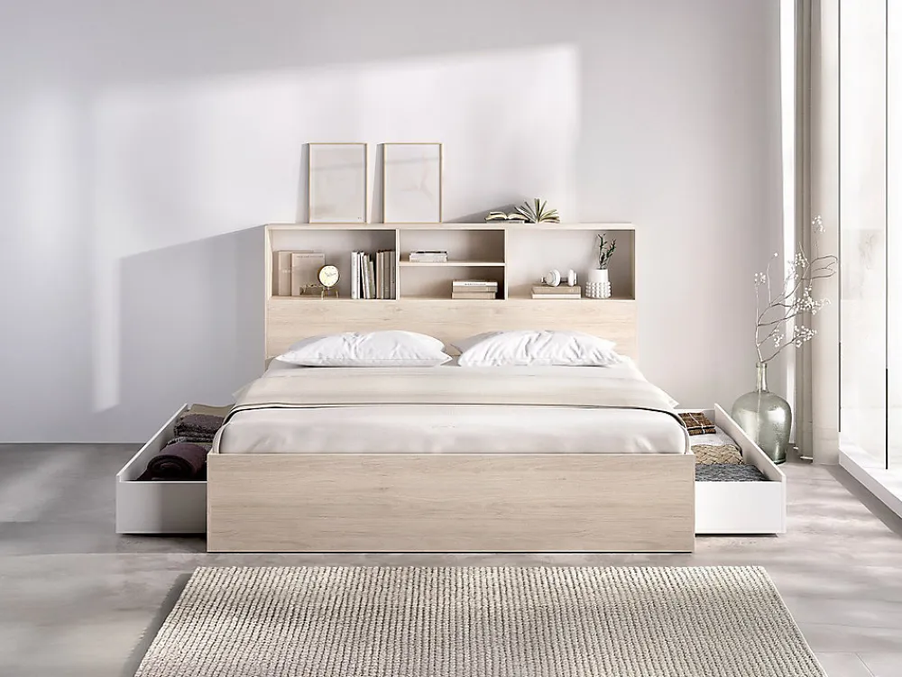 Lit 140 x 190 cm avec rangements - Coloris : Naturel et blanc + Sommier + Matelas - VARDIEL>Vente-unique Hot