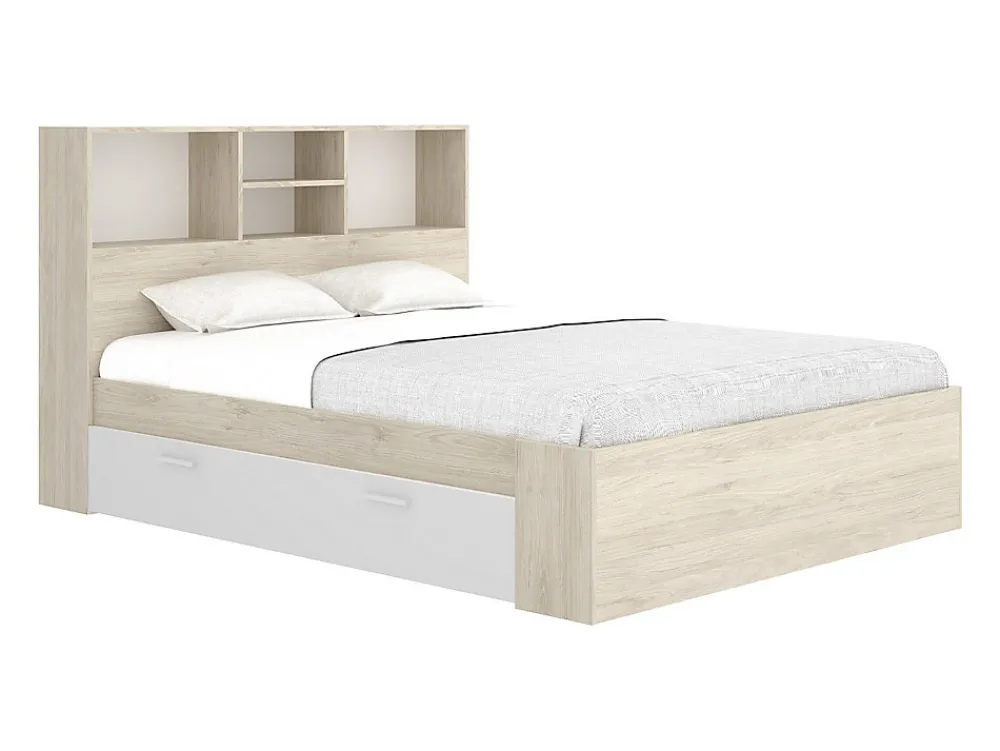 Lit 140 x 190 cm avec rangements - Coloris : Naturel et blanc + Sommier + Matelas - VARDIEL>Vente-unique Hot