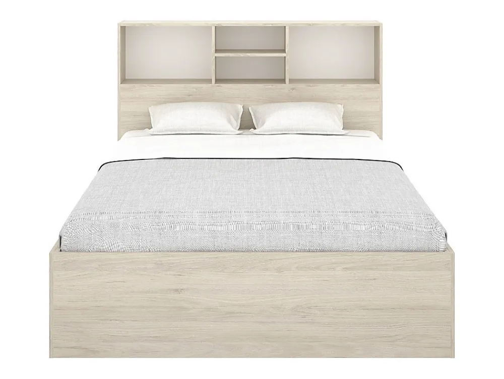 Lit 140 x 190 cm avec rangements - Coloris : Naturel et blanc + Sommier + Matelas - VARDIEL>Vente-unique Hot