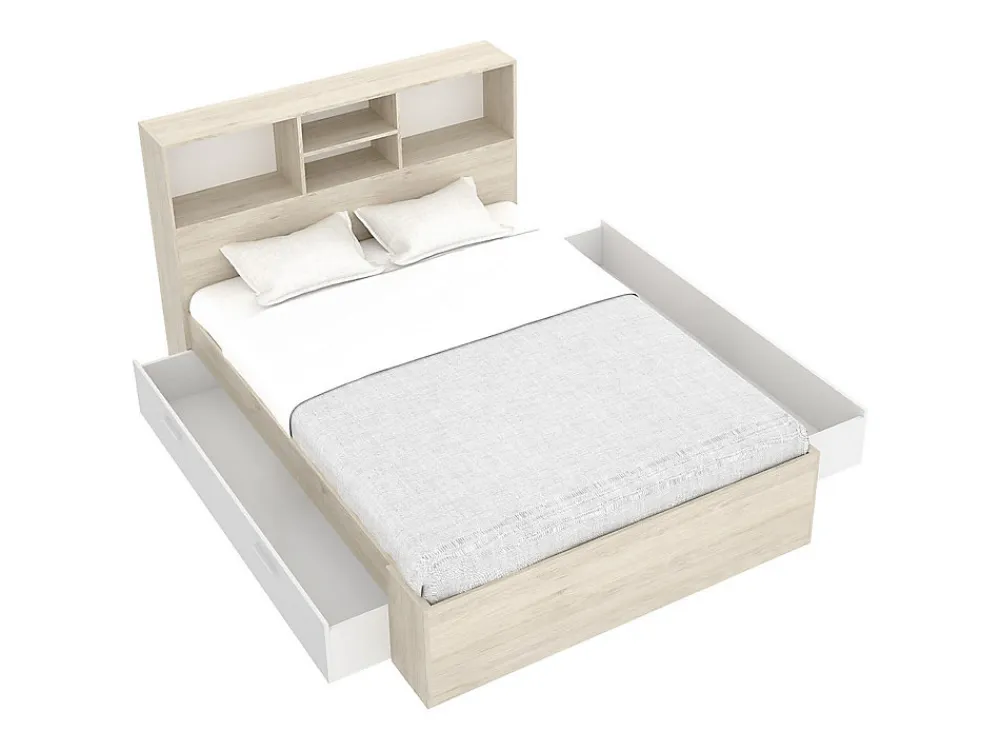 Lit 140 x 190 cm avec rangements - Coloris : Naturel et blanc + Sommier + Matelas - VARDIEL>Vente-unique Hot