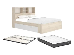 Lit 140 x 190 cm avec rangements - Coloris : Naturel et blanc + Sommier + Matelas - VARDIEL><noscript><img width=