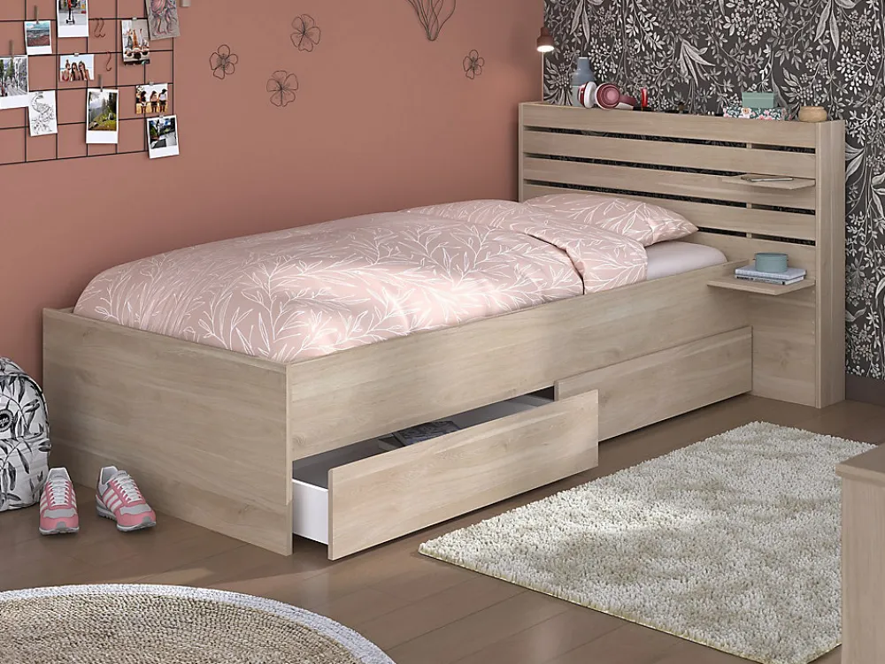 Lit 90 x 190/200 cm avec rangements - Coloris : Naturel + Sommier - TENALIA>Vente-unique Sale