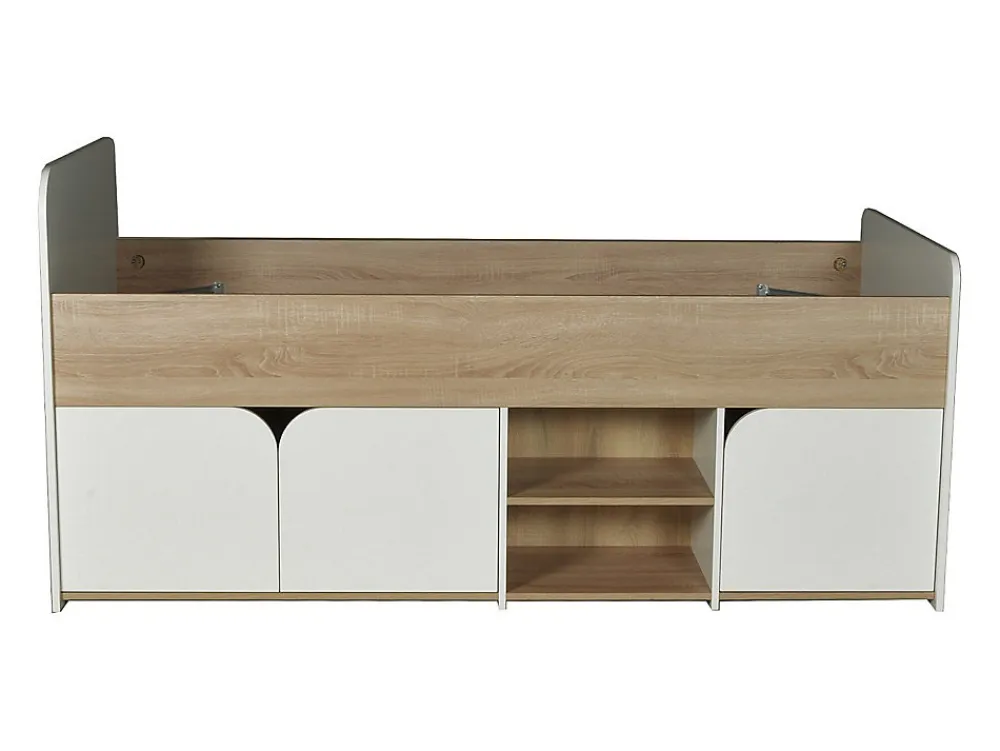 Lit 90 x 190 cm avec rangements - Coloris : Naturel et blanc + Sommier - LOSTYA>Vente-unique Outlet