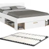 Lit 140 x 190/200 cm avec rangements - Blanc et naturel + Sommier - KINSELIA>Vente-unique Outlet