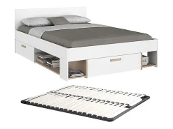 Lit 140 x 190/200 cm avec rangements - Blanc et naturel + Sommier - KINSELIA>Vente-unique Outlet