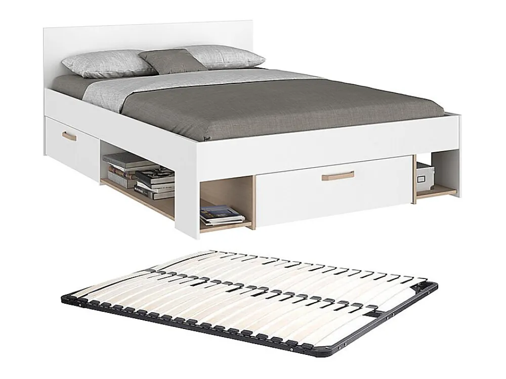 Lit 140 x 190/200 cm avec rangements - Blanc et naturel + Sommier - KINSELIA>Vente-unique Outlet