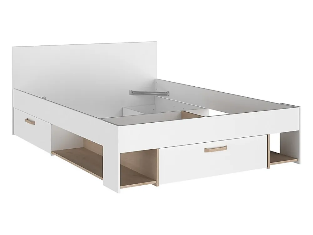 Lit 140 x 190/200 cm avec rangements - Blanc et naturel + Sommier - KINSELIA>Vente-unique Outlet
