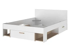 Lit 140 x 190/200 cm avec rangements - Blanc et naturel + Sommier - KINSELIA><noscript><img width=
