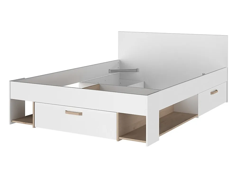 Lit 140 x 190/200 cm avec rangements - Blanc et naturel + Sommier - KINSELIA>Vente-unique Outlet