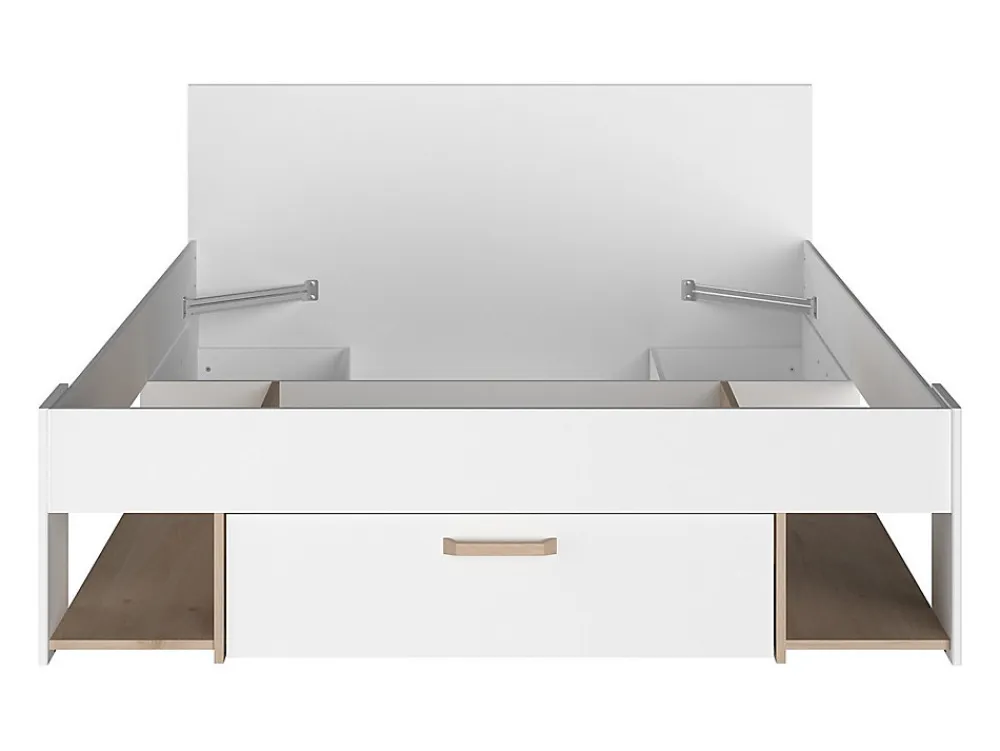 Lit 140 x 190/200 cm avec rangements - Blanc et naturel + Sommier - KINSELIA>Vente-unique Outlet