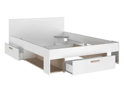 Lit 140 x 190/200 cm avec rangements - Blanc et naturel + Sommier - KINSELIA><noscript><img width=