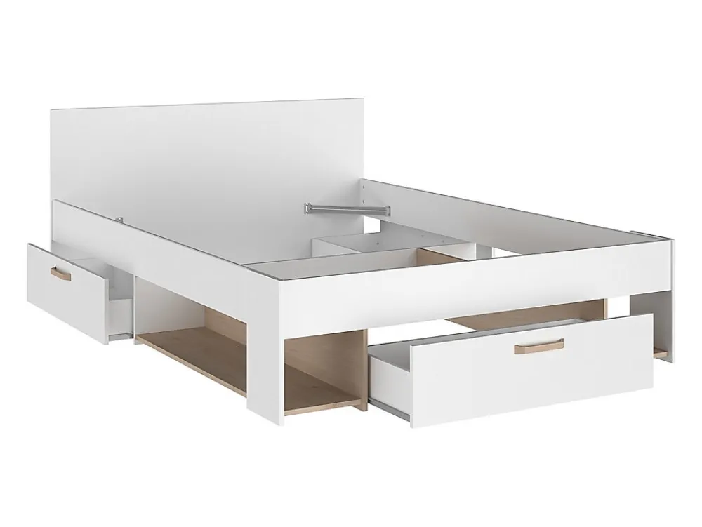 Lit 140 x 190/200 cm avec rangements - Blanc et naturel + Sommier - KINSELIA>Vente-unique Outlet