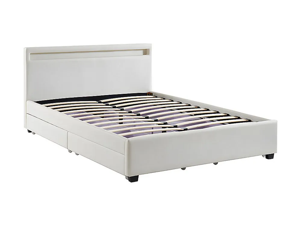 Lit 140 x 190 cm avec rangements - Simili blanc avec LEDs + Matelas - ALOIS II>Vente-unique