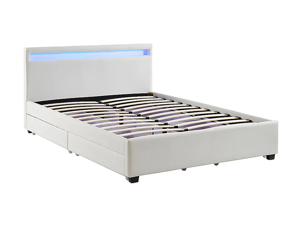 Lit 140 x 190 cm avec rangements - Simili blanc avec LEDs + Matelas - ALOIS II>Vente-unique