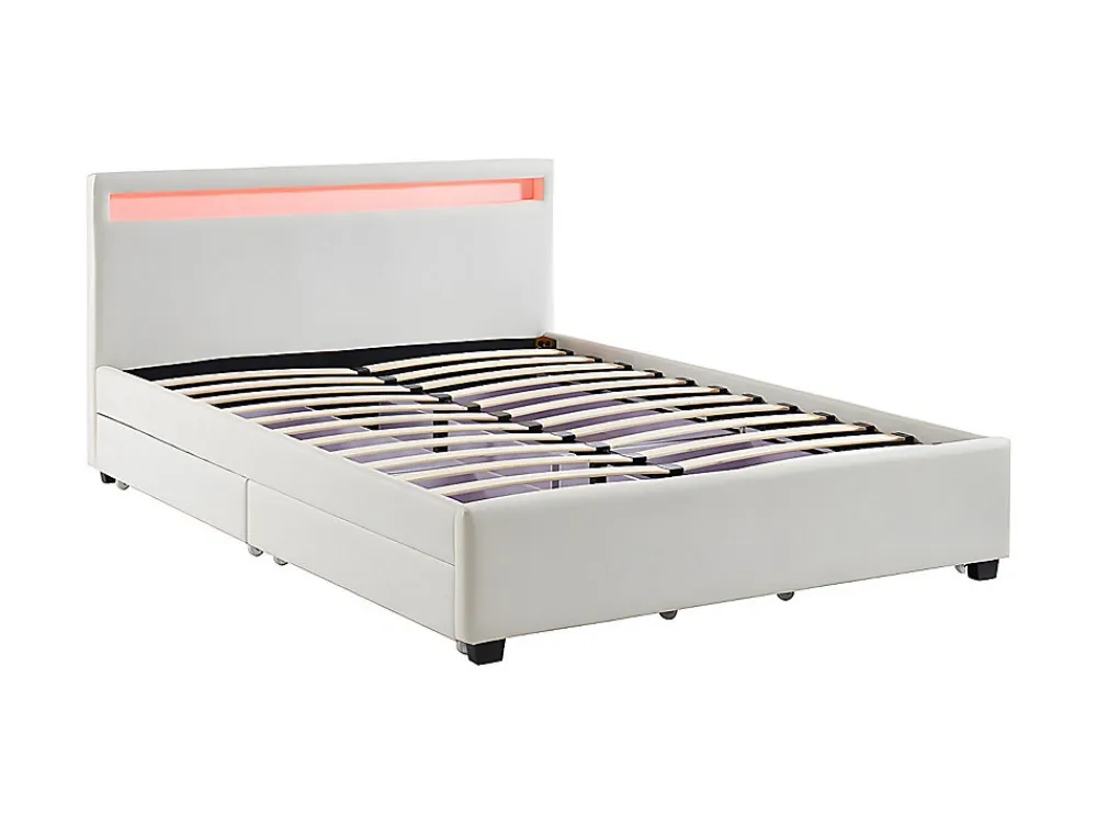 Lit 140 x 190 cm avec rangements - Simili blanc avec LEDs + Matelas - ALOIS II>Vente-unique