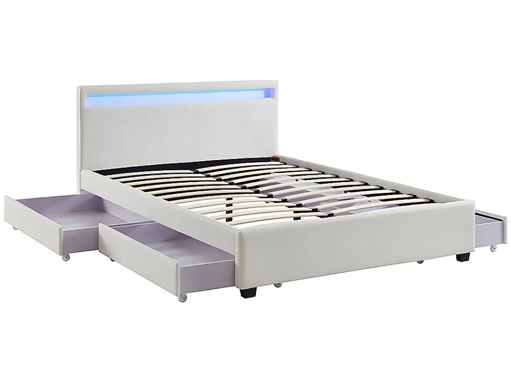 Lit 140 x 190 cm avec rangements - Simili blanc avec LEDs + Matelas - ALOIS II>Vente-unique