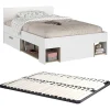 Lit 120 x 190/200 cm avec rangements - Blanc et naturel + Sommier - KINSELIA>Vente-unique New