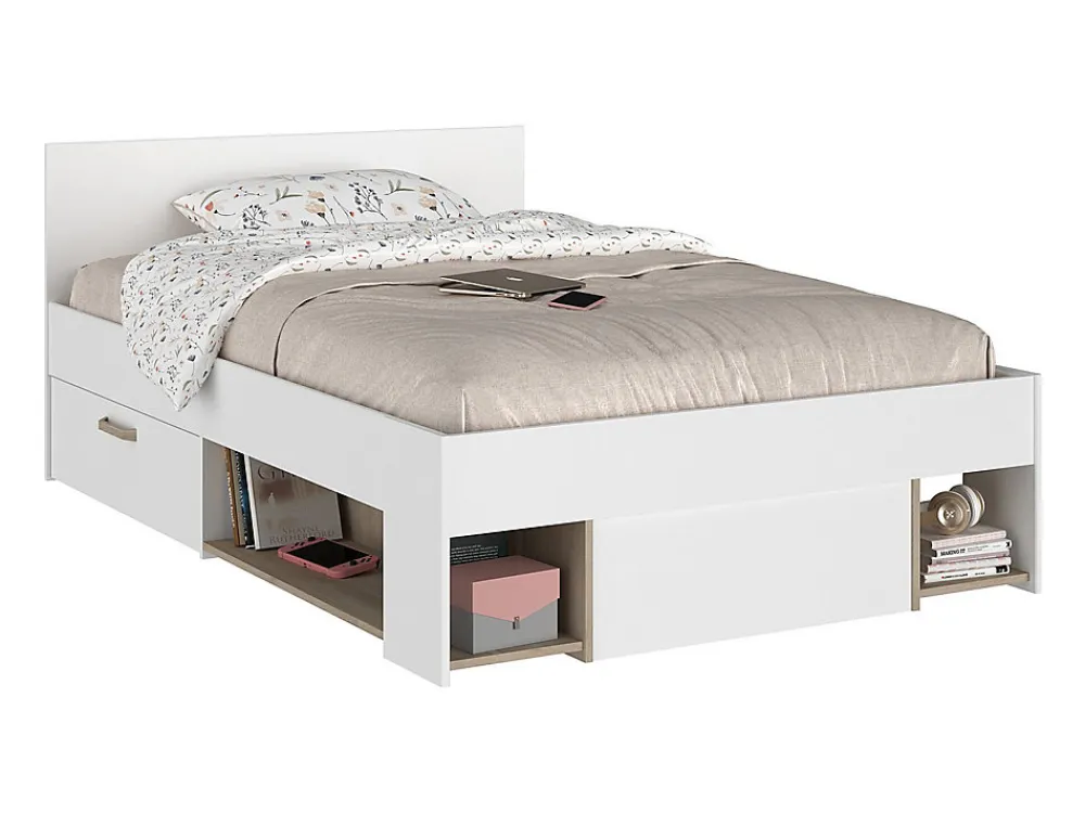 Lit 120 x 190/200 cm avec rangements - Blanc et naturel + Sommier - KINSELIA>Vente-unique New