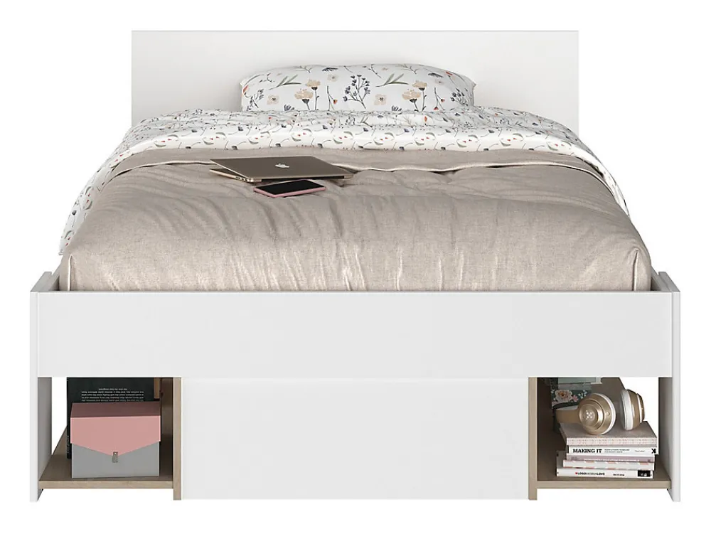 Lit 120 x 190/200 cm avec rangements - Blanc et naturel + Sommier - KINSELIA>Vente-unique New