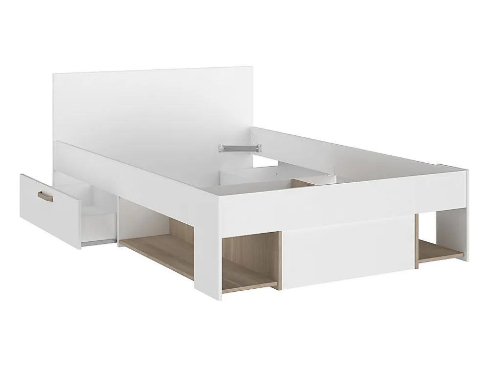 Lit 120 x 190/200 cm avec rangements - Blanc et naturel + Sommier - KINSELIA>Vente-unique New
