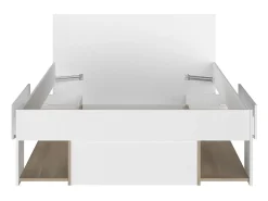 Lit 120 x 190/200 cm avec rangements - Blanc et naturel + Sommier - KINSELIA><noscript><img width=