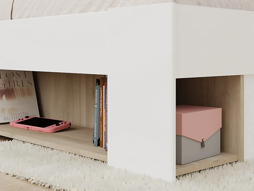 Lit 120 x 190/200 cm avec rangements - Blanc et naturel + Sommier - KINSELIA>Vente-unique New