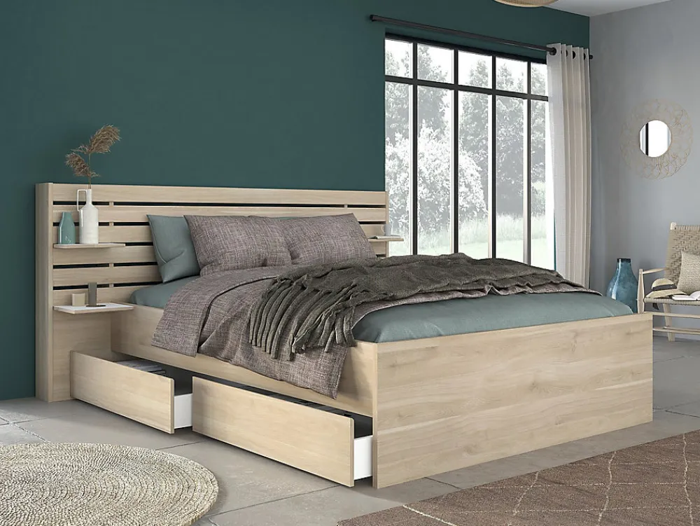 Lit 160 x 200 cm avec rangements - Coloris : Naturel + Sommier - TENALIA II>Vente-unique Hot
