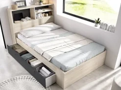 Vente-unique Lit 120 x 190 cm avec rangements - Coloris : Naturel et anthracite + Sommier + Matelas - VARDIEL* Lit Avec Rangement